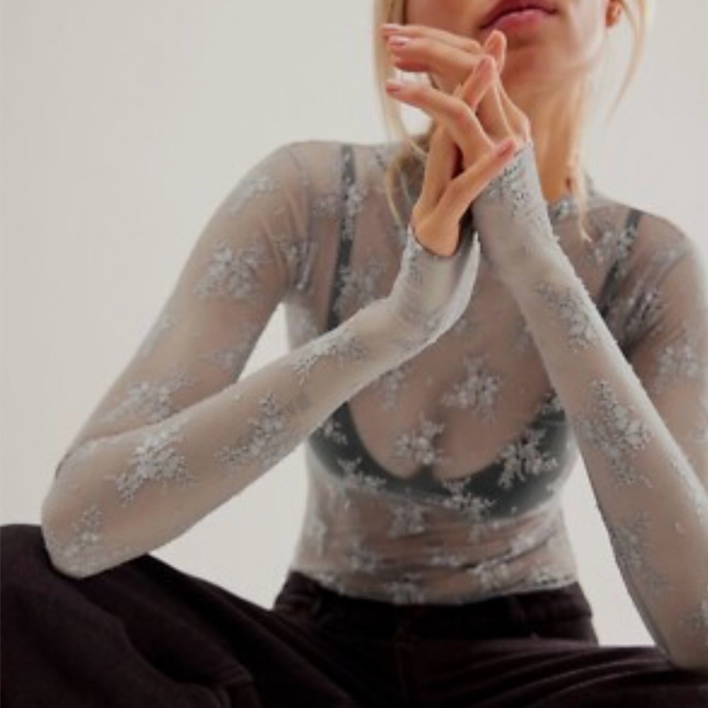 Free People Sheer Embroidered Long-Sleeve Top - Light Gray